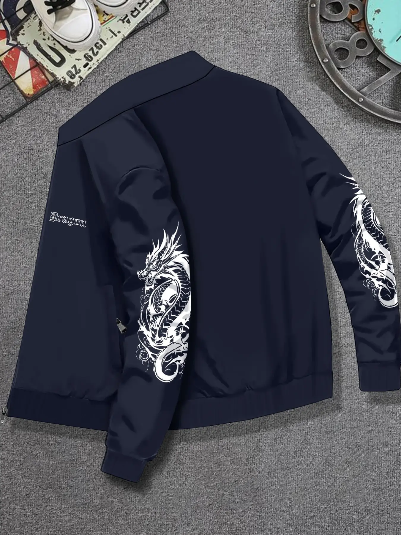 Men's Trendy Dragon Print Graphic Stand Collar Jacket, Casual Long Sleeve Streetwear Outerwear, Perfect for Fall & Winter Layering