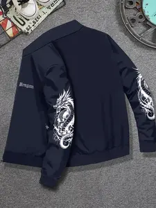 Men's Trendy Dragon Print Stand Collar Jacket, Casual Long Sleeve Outerwear, Perfect for Fall & Winter Layering