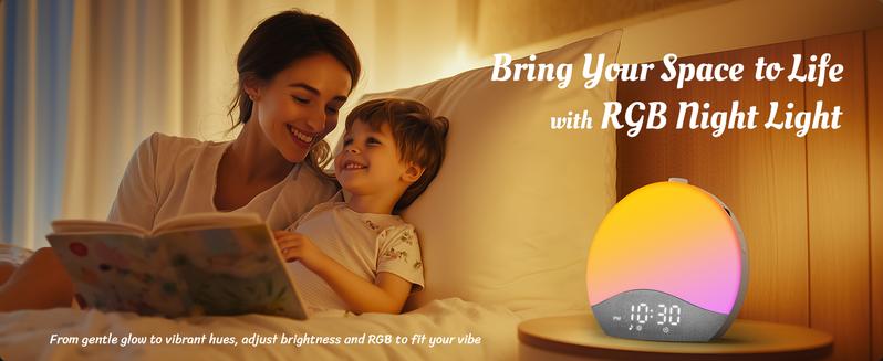 ecozy Sunrise Alarm Clock, White Noise Machine for Sleep, Upgraded Backlit Buttons, Bluetooth Speaker, Dimmable Night Light for Heavy Sleeper, Adults, Kids