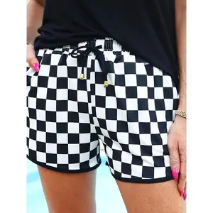 Buy clothes Women'S Casual Checkered Drawstring Shorts - Black and White, Loose Fit, Perfect for Spring/Summer, Relaxed Style, Casual Wear | Checkered Pattern | Drawstring Waistband, Shorts for Women Knit Fabric Womenswear Bottom