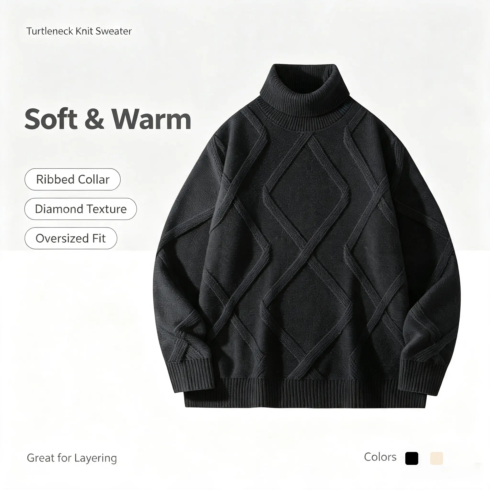 Men's Retro Diamond-Pattern Knit Turtleneck Sweater - Menswear Knitwear, Thick Warm Loose-Fit Pullover, Plain Stylish Long-Sleeve High-Neck Top for Autumn Winter Everyday Wear