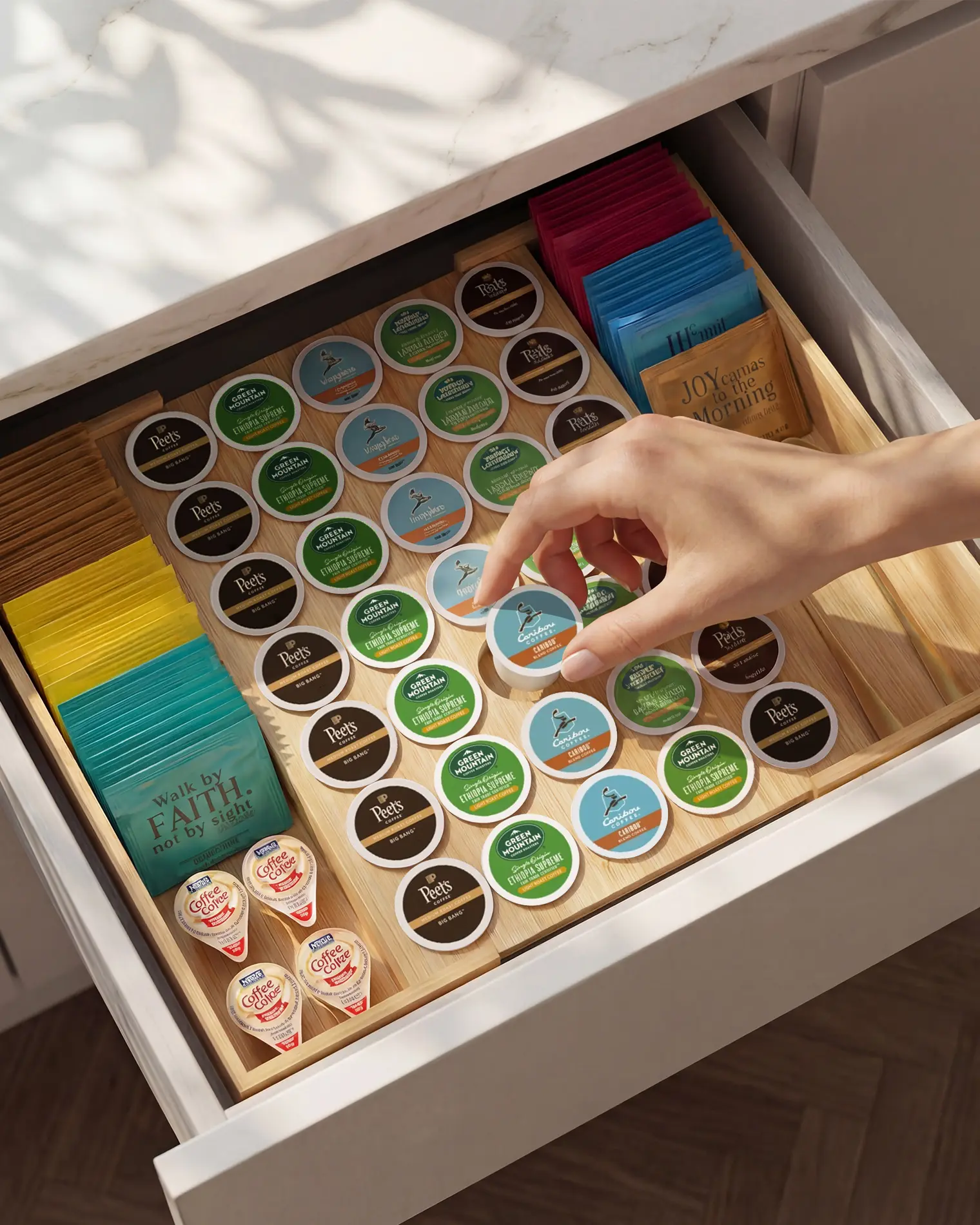 Larger Expandable Bamboo Coffee Pod Holder for Counter Drawer Display, 35 Pod Capacity, K-Cup Pods - Tea Bags Storage Organizer Holder (Bamboo)