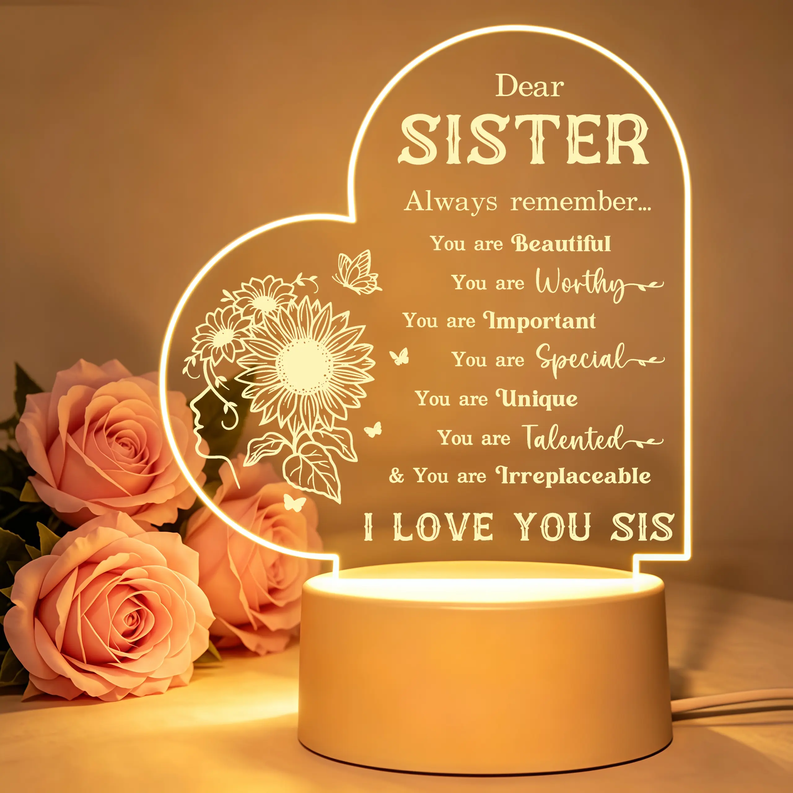 Heart Shaped Dear Sister Sunflower Engraved LED Night Light Inspirational Quote Lamp Birthday Christmas Gift For Sister