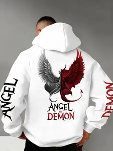Men's Hooded Angel & Demon Wings Graphic Sweatshirt, Fall Winter Street Style Casual Fitted Comfortable Fashion