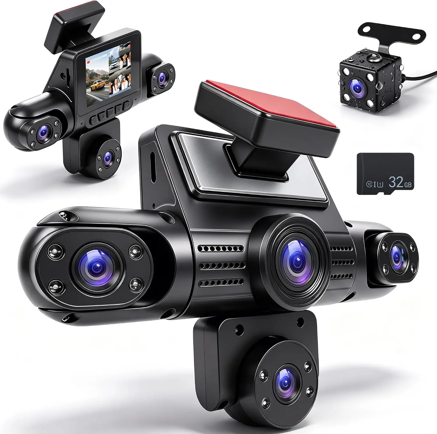 5-Channel 360-Degree Car Dash Cam with 32G TF Card Dashcam for Driving Safety, 2" Screen, 1080P HD Front Rear Left Right Inside Cameras, Adjustable Night Vision, Loop Recording, 24H Parking Mode, Reverse View Function