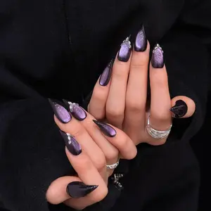 Purely handmade false nails featuring black panels; ultra-sparkly, super bright purple cat-eye effect; wearable nail tips with 3D explosion sparkle decorations; cat claws, dragon claws, and beast claws; versatile design.