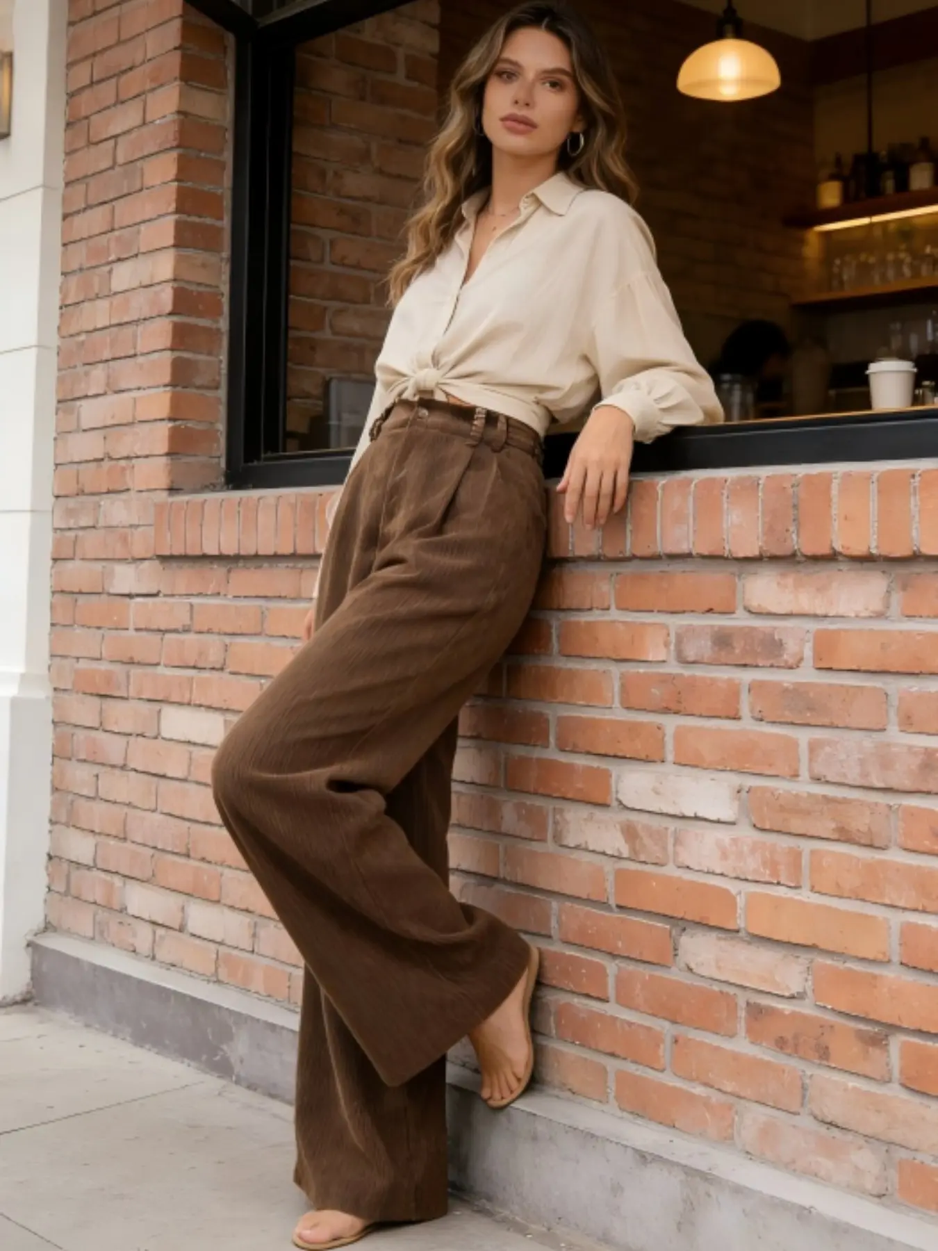Women's High Waist Elastic Adjustable Wide Leg Loose Bottom Pants, Basic Versatile Corduroy Textured Trousers for Comfortable Casual & Commute, Back to School