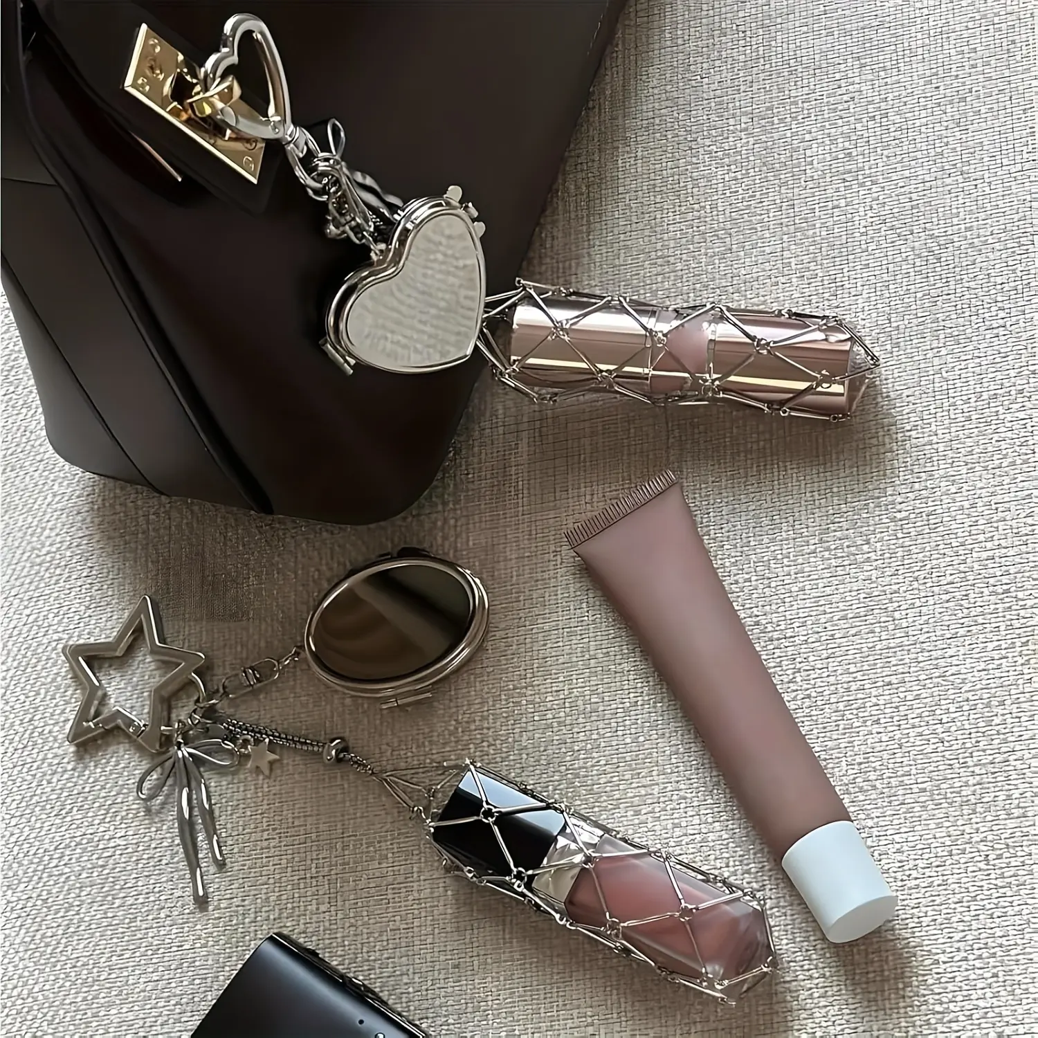 Lip Gloss Holder Keychain, Kawaii Pink Accessory with Mirror Finish, Portable Compact Case for Travel Makeup Organization, Kawaii Accessories, Boutique Style Keychains, Mirror Finish Keychains
