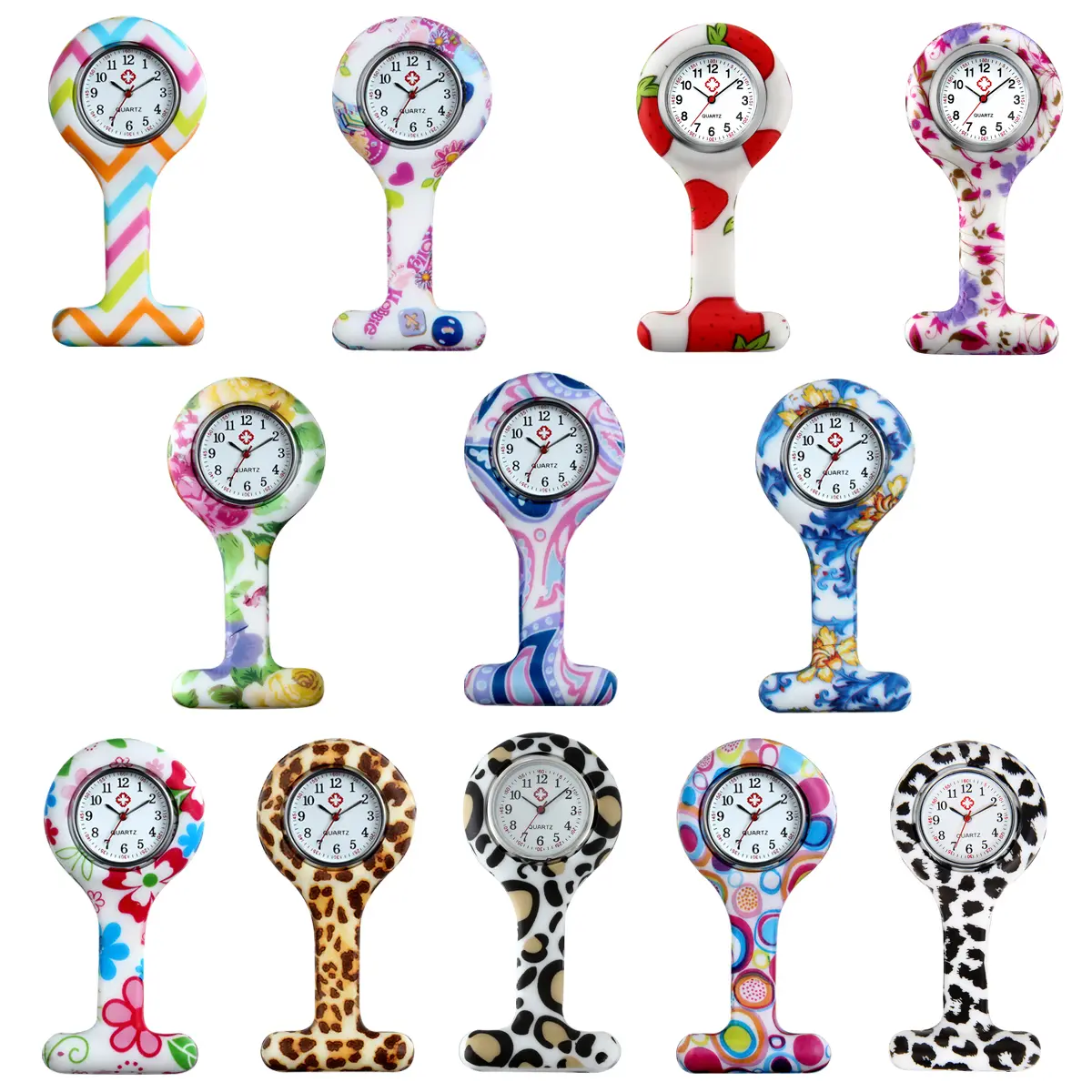 OIDEA Women's Patterned Silicone Fob Watch, Clip-On Design with Round Face and Easy-Read Numerals for Clinical Use, Clip-On Fob, Female Wear, Classrooms, None, Colorful Glowing Pocket & Fob Watches