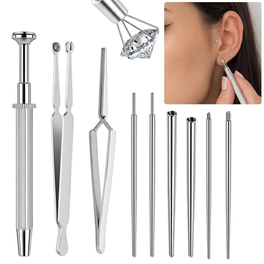 9Pcs Stainless Steel Piercing Taper Pliers & Jewelry Changing Grabber Tool Kit, 14G 16G 18G Flat Back Earring Applicator Tools, Body Piercing Insertion & Stretching Supplies for Ear, Nose, Lip, Eyebrow & Navel Piercing Jewelry Replacement