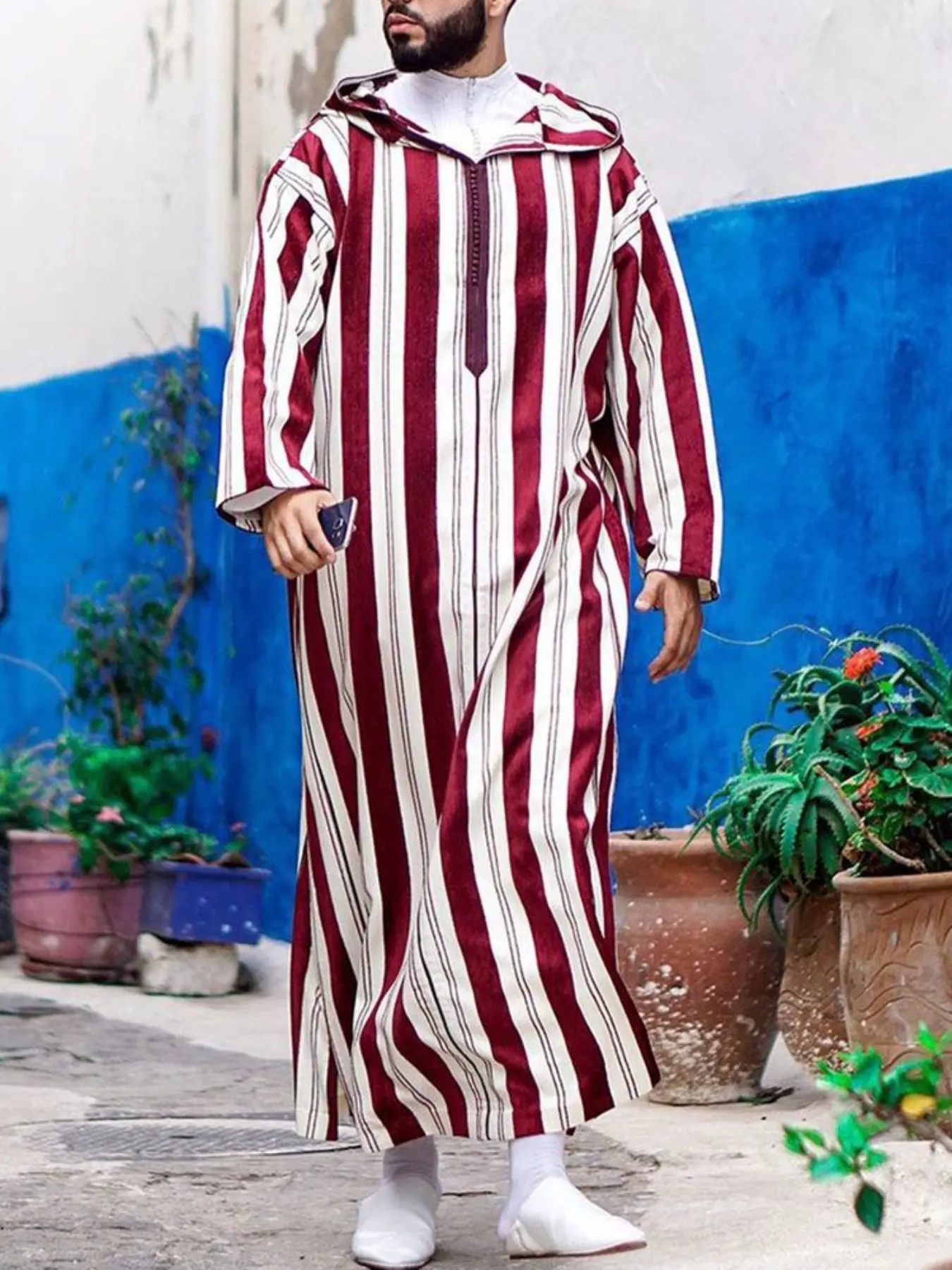 Men's Ethnic Style New Colorblock Striped Long Muslim Thobe, Traditional Arabic Robe, Casual Fashion, Comfortable and Stylish, Perfect for Daily Wear, Modest Muslim Thobe, Clothing