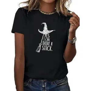 Women's Witch Graphic T-Shirt - "Yes I Can Drive a Stick" Print Casual All-Season Sportswear Black with White Lettering Round Neck Short Sleeve Machine Washable Cotton Fabric Fitted Top Crew Neck Casual T-Shirt for Women Green Grey Printed Clothes