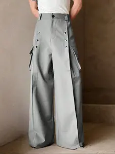 Men's Solid Color Plain Wide Leg Pants, Faux Button Decoration, Loose Fit Comfortable Business Casual Style, Suitable for All Seasons