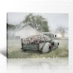GUTTATY Farmhouse Wall Art - Vintage Truck Decor Canvas Print White Country Flowers Barn Pictures for Living Room Wall Decoration Rustic Wall Art Gift Poster Artistic Cotton Light Friend Photo Hanging Ornaments