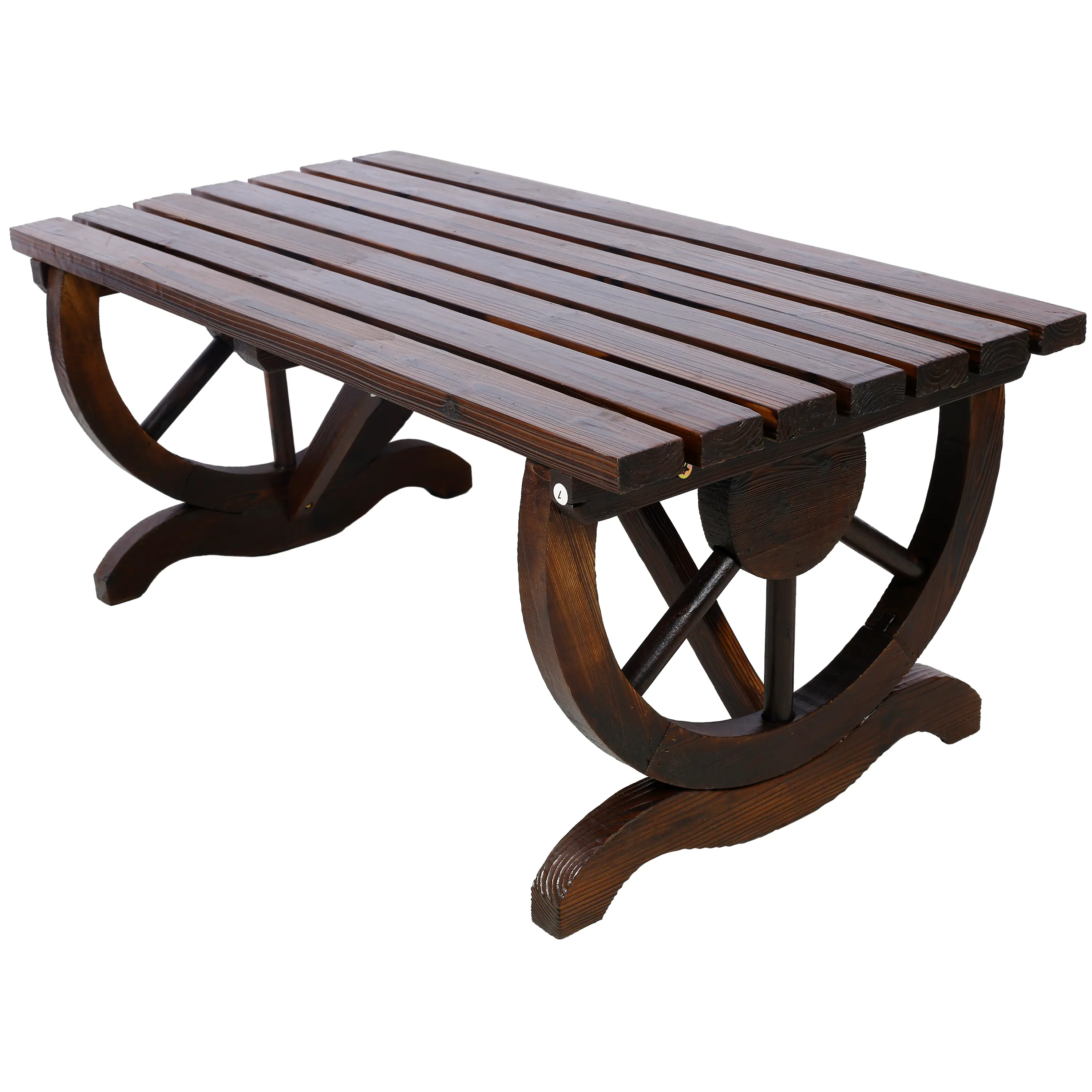 Bellemave Rustic Wood Outdoor Bench with Wagon Wheel Legs - 2-Person Ergonomic Armrest Design, Assembly Required Stable Relaxation Furniture for Garden, Front Porch Decor