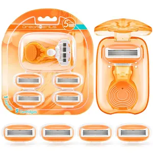Travel Razors for Women Include 1 Handle and 5 Cartridges, Extra Smooth 5-Blade Travel Essentials Razor with Case for Shaving, Green