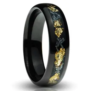 Gold Leaf & Meteorite Tungsten Ring, Polished Black with Sandstone Inlay - 6MM