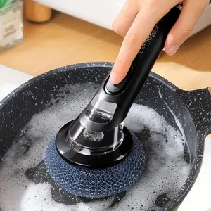 Kitchen Dish Scrub Brush with Handle Soap Dispensing Non-Electric Plastic for Pans Pots Bowls Nonstick Cookware Stove Sink Easy Clean Household Essential