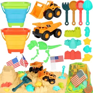 29PCS Beach Sand Toys for Kids,  Sandbox Toys with 2 Collapsible Bucket Sand, 2 Dump Truck, Dinosaur Molds, Castle Building Kit, Shovel Sieve,Flags,Mesh Bag Travel Beach Toys for 3-10 activity sensory play table cannon water pit,summervibes toy Play Sand