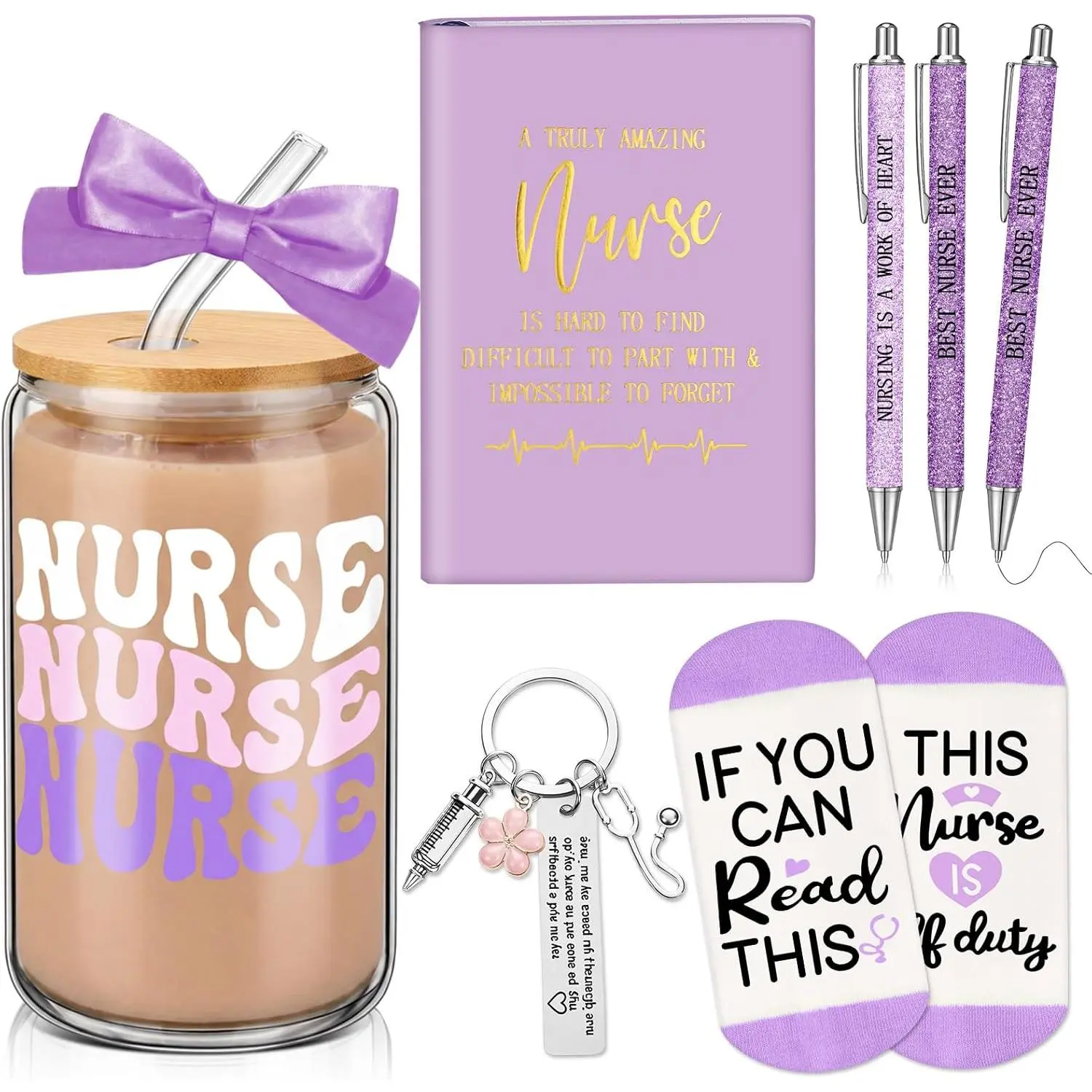 Potchen 2026 Nurse Graduation Gifts for Nursing Student, Thank You Nurse Appreciation Gift Baskets with 16 oz Glass Cup Pen Notebook for LPN Rn Practitioner Essentials(Purple)
