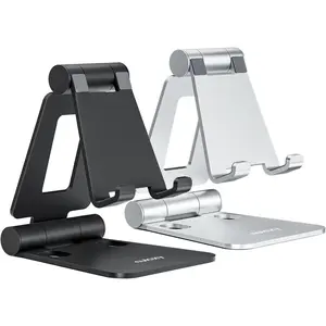 2 Pack Dual Folding Cell Phone Stand, Fully Adjustable Foldable Desktop Phone Holder Cradle Dock Compatible For Phone 16,15,14,13,12 Pro,Xs,Xs Max,Xr,X,8, All Phones, Black & Silver