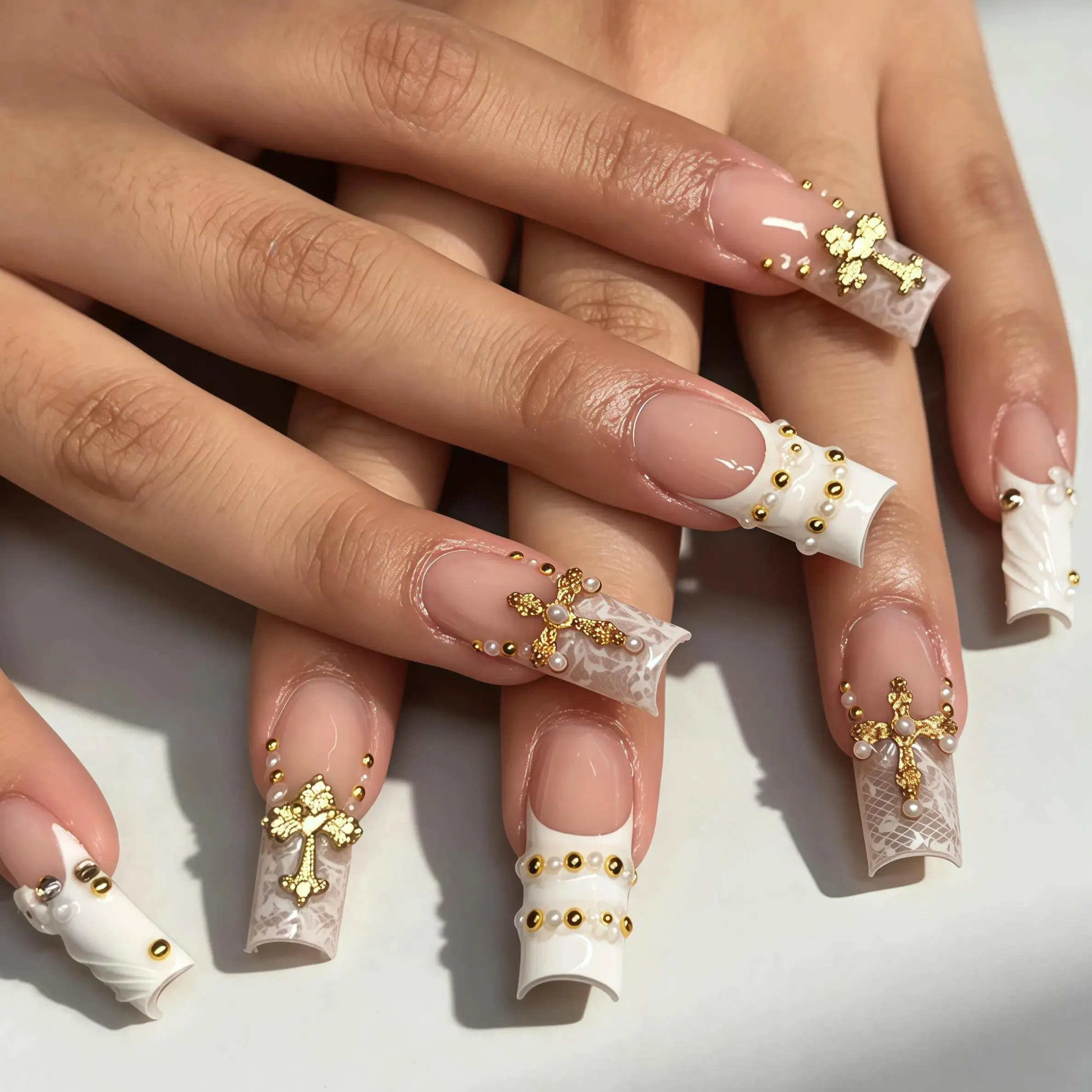 Custom White Lace Cross Press on Nails, Luxury Gold Pearl 3D Charms Fake Nails, Elegant Long Square Reusable Glue On Nails