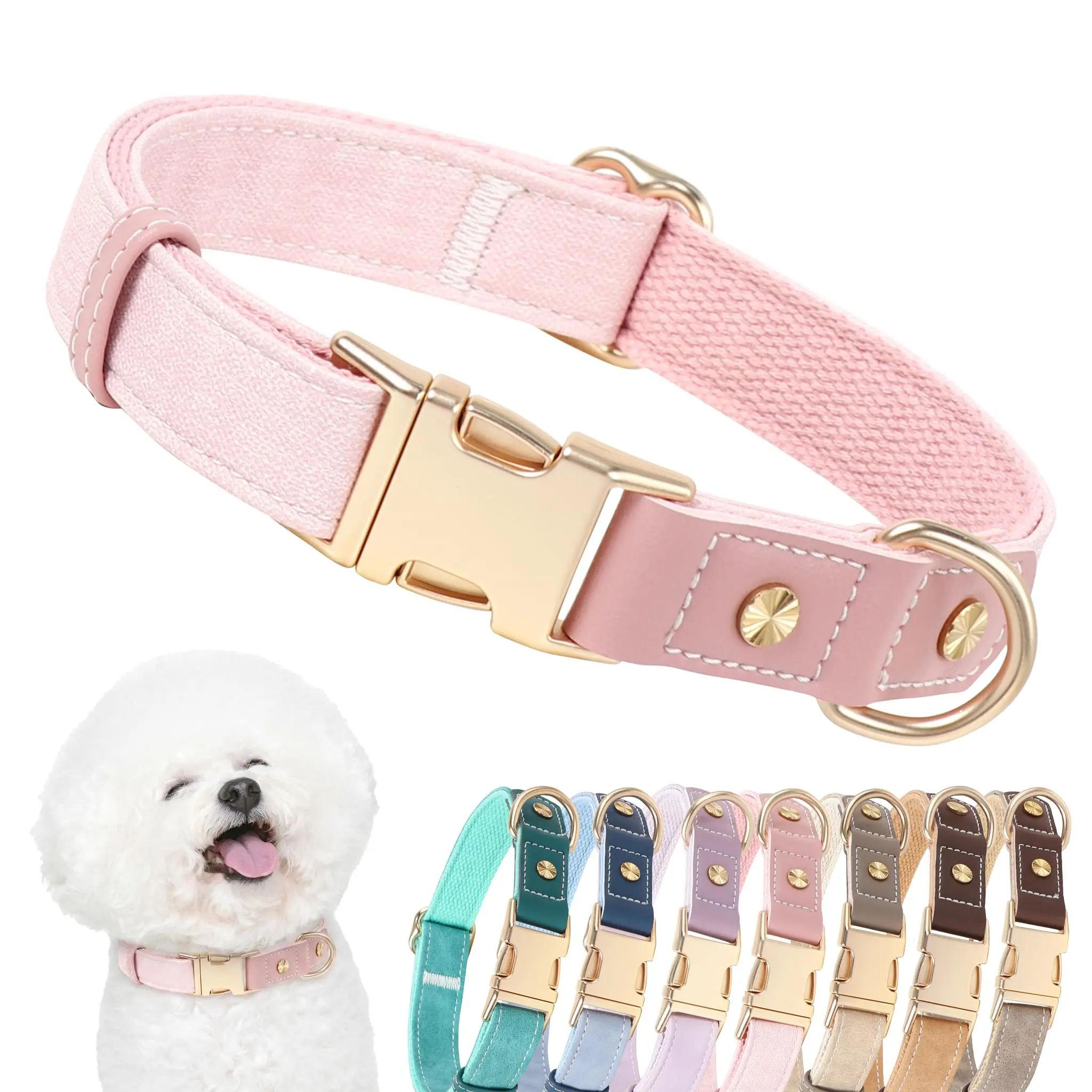 DOGWONG Classic Pink PU Leather Dog Collar for Small Dogs, Adjustable with Quick-Release Metal Buckle, Soft Nylon Lining, Easy-Clean & Comfortable Pet Collar