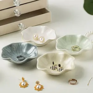 Set of 4 Ceramic Lotus Leaf Storage Dishes, Elegant Aesthetic Bedside Decor, Multi-Purpose Jewelry Organizer, Home Decoration Accessories
