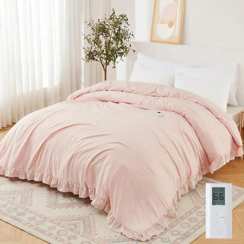 GARVEE Heated Comforter Blanket King Size, Ruffle Electric Quilt with Wireless LCD Controller, Fast Heating & Overheat Protection, ETL Certified, Machine Washable (Pink, King 104"x90")