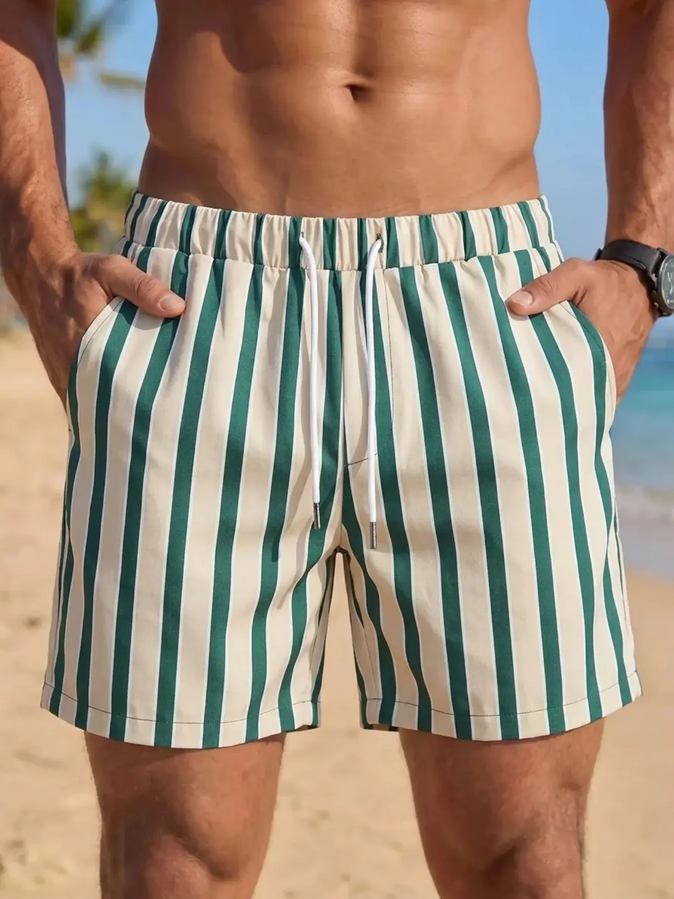 Men's Retro Green & White Vertical Striped Swim Trunks, Swimwear Shorts, Slim-Fit Beach Shorts with Elastic Drawstring Waist, Lightweight & Breathable Shorts, Perfect for Vacation, Pool Days and Streetwear