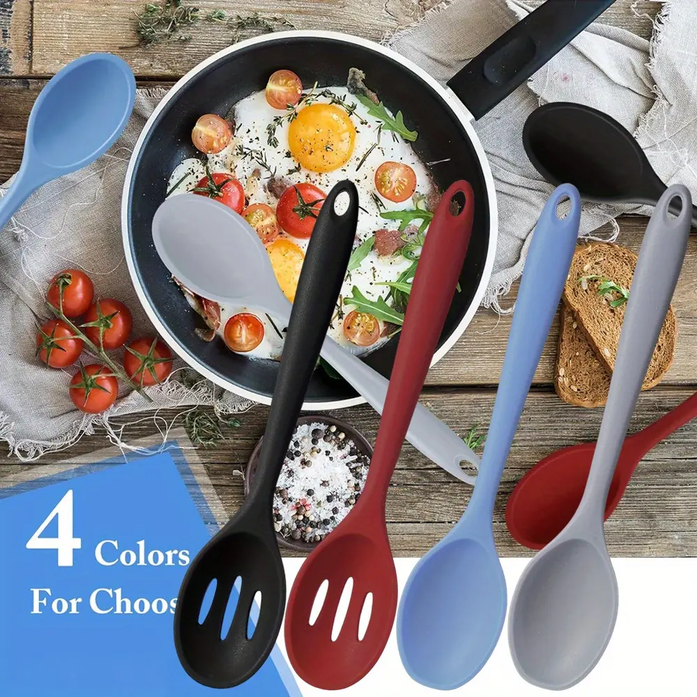 4PCS Food Grade Silicone-Nylon Cooking Utensils Set - 8in/8.07x1.7in Large Head Anti-Adhesive Nonstick Tools, Suspendable Handles Save Drawer Space, Heat-Resistant Slotted Spoons, Dishwasher-Safe Mixed Colors Baking Kitchen Accessory