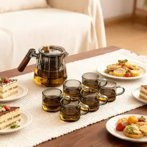 teapot  set 600ml Large Capacity Glass Teapot Tea-Water Separation High Temperature Resistant  Office Home Tea Set with  4 Cups or 6 Cups & Bamboo Cup Holder Transparent glass tea pot