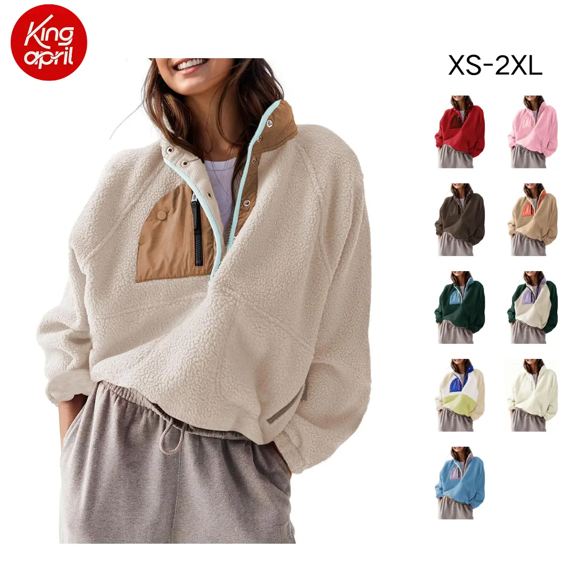 Kingapril Women's Lightweight Fleece Pullover Jacket Cropped Fall Winter Fuzzy Sherpa Jacket Sweatshirt Coat with Pockets