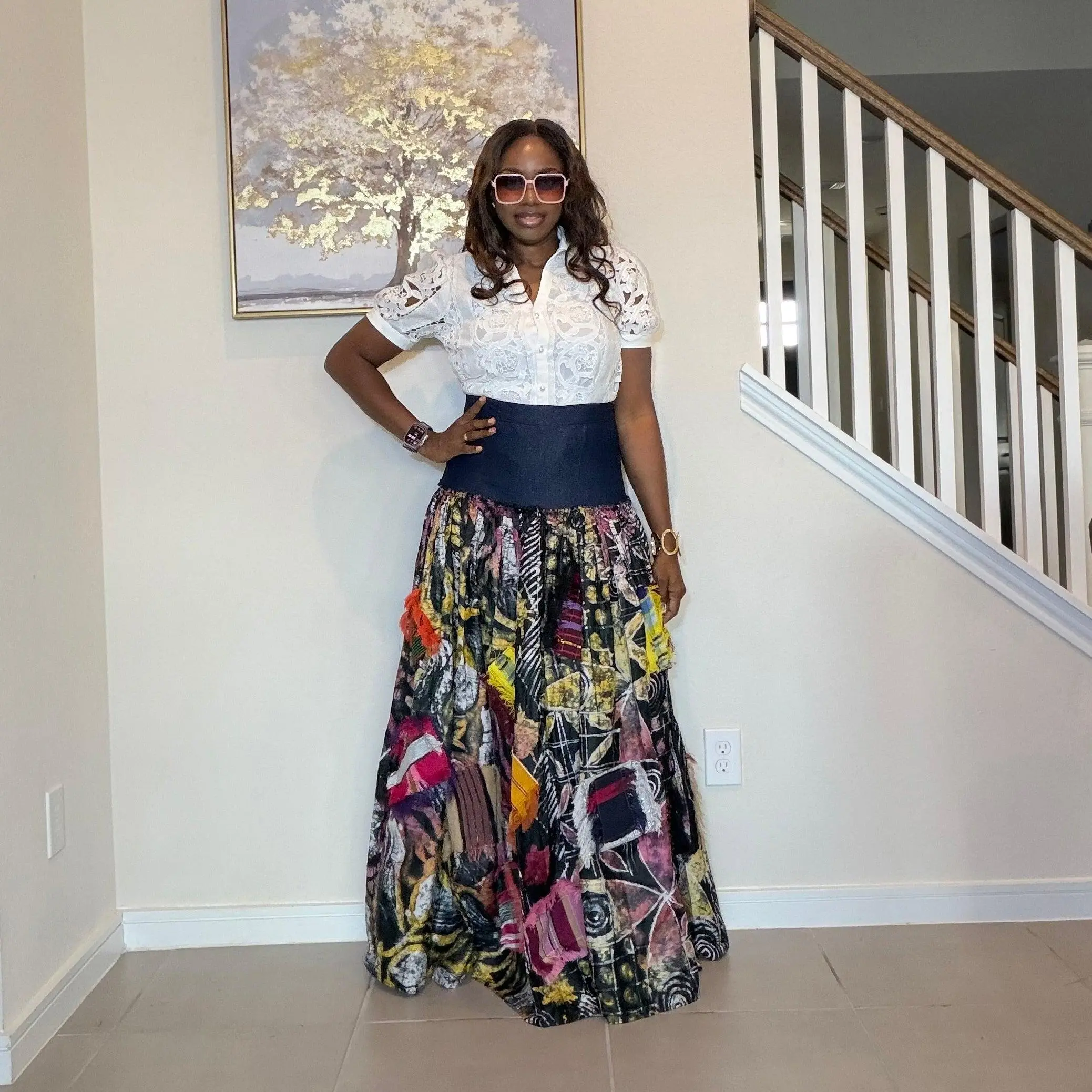 Adire Batik Maxi Skirt with Aso Oke Patchwork, High-Waisted African Print Maxi Skirt