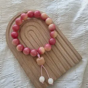 Natural Bodhi Bead Bracelet with Carved Bear bead | 12mm Round Beads | Handmade Anxiety Relief Fidget Jewelry | Pink | Calming gift ideas