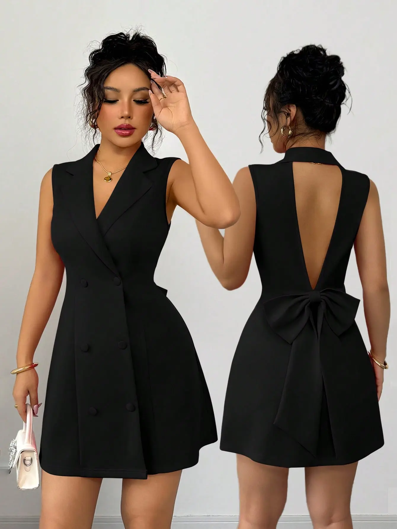 Women’s Double-Breasted Blazer Mini Dress - Deep V-Neck Sleeveless Party Dress with Bow Detail - Elegant Cocktail Outfit, blazer mini dress women, deep V-neck party dress women