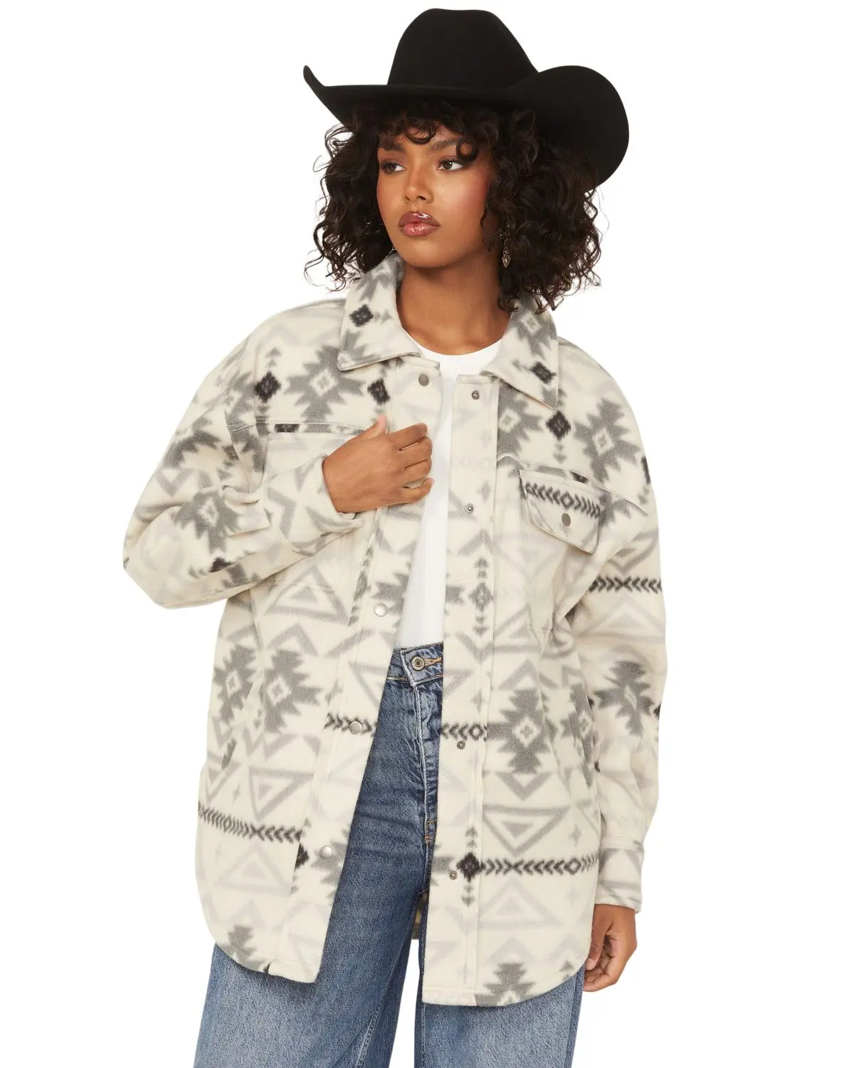 Fornia Women's Women'S Southwestern Print Fleece Snap Shacket - Grp2-Trb-Bei