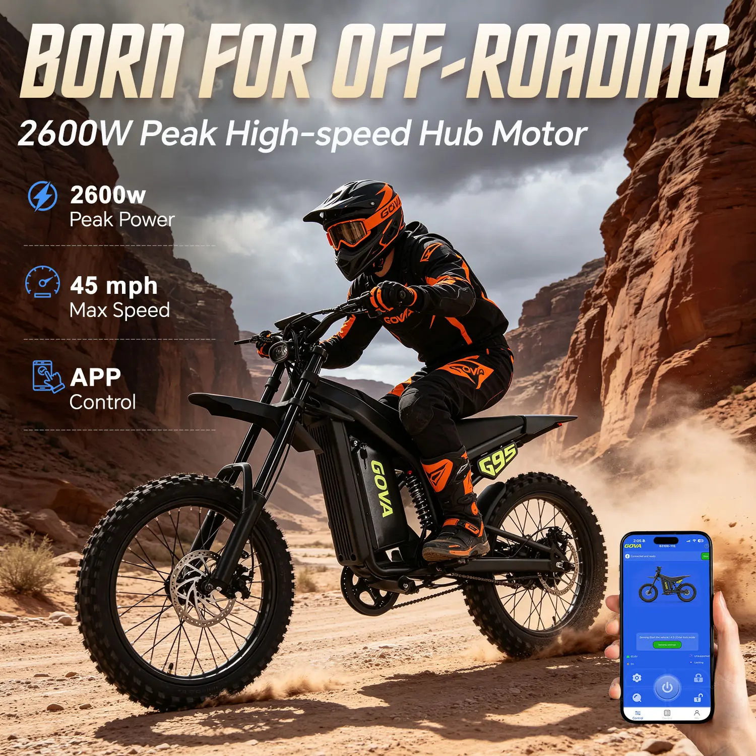 Off-Road Electric Bicycle (Ebike) - Carbon Steel Motorcycle Frame, 2600W Peak Power, 60V 18Ah, 45MPH Max Speed, 40-Mi Battery Range, APP Bluetooth Control, 17-Inch Off-Road Tires, Turn Signals, Full Suspension Shock Absorbers, Ebikes, App Control
