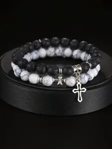 Stone & Cross Charm Decor Beaded Bracelets Set, Fashionable Jewelry for Women & Men, Trendy All-match & Exquisite Jewelry for Birthday Gift, Stackable Bracelets