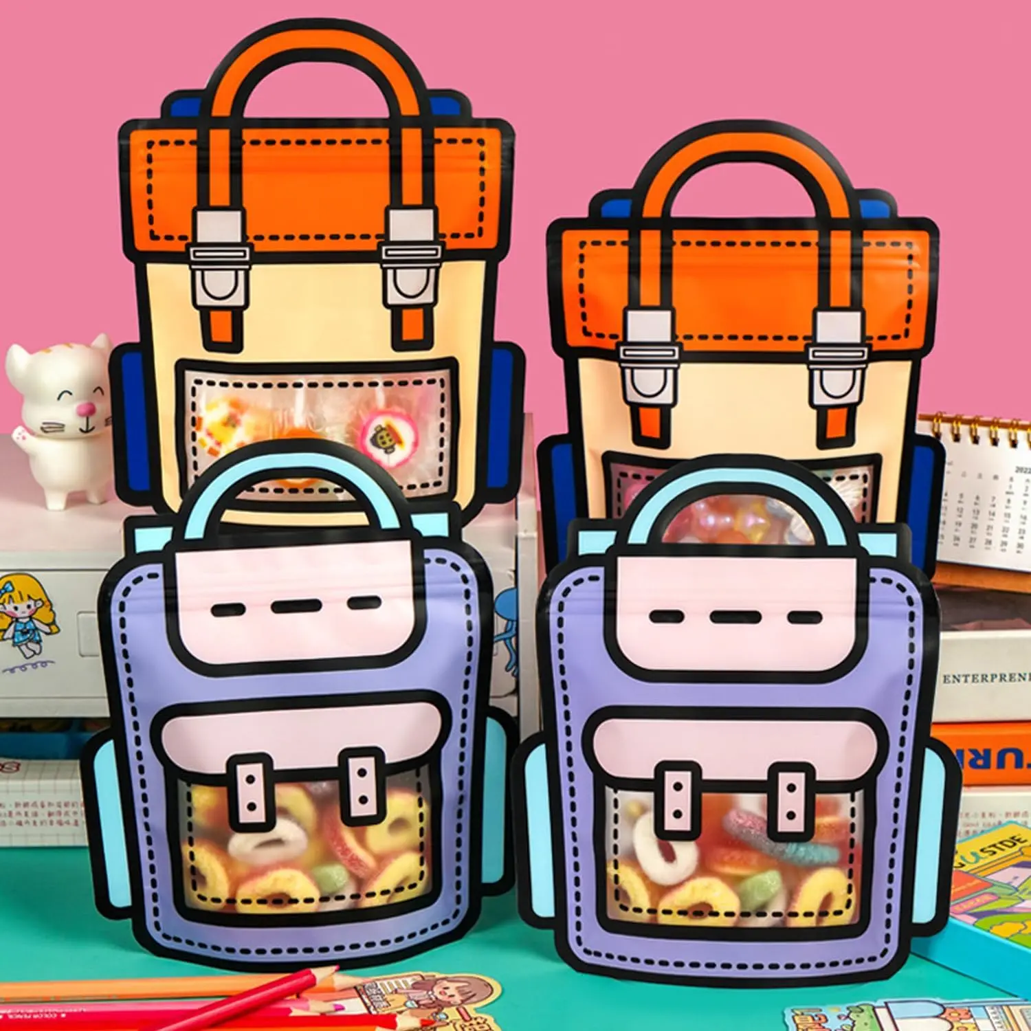 30PCS Classroom Plastic Gift Bags with Handles, Cartoon Backpack Bag for Party, Wedding, Birthday, Bulk Goodie Bags for Candy, Party Favors, Snacks