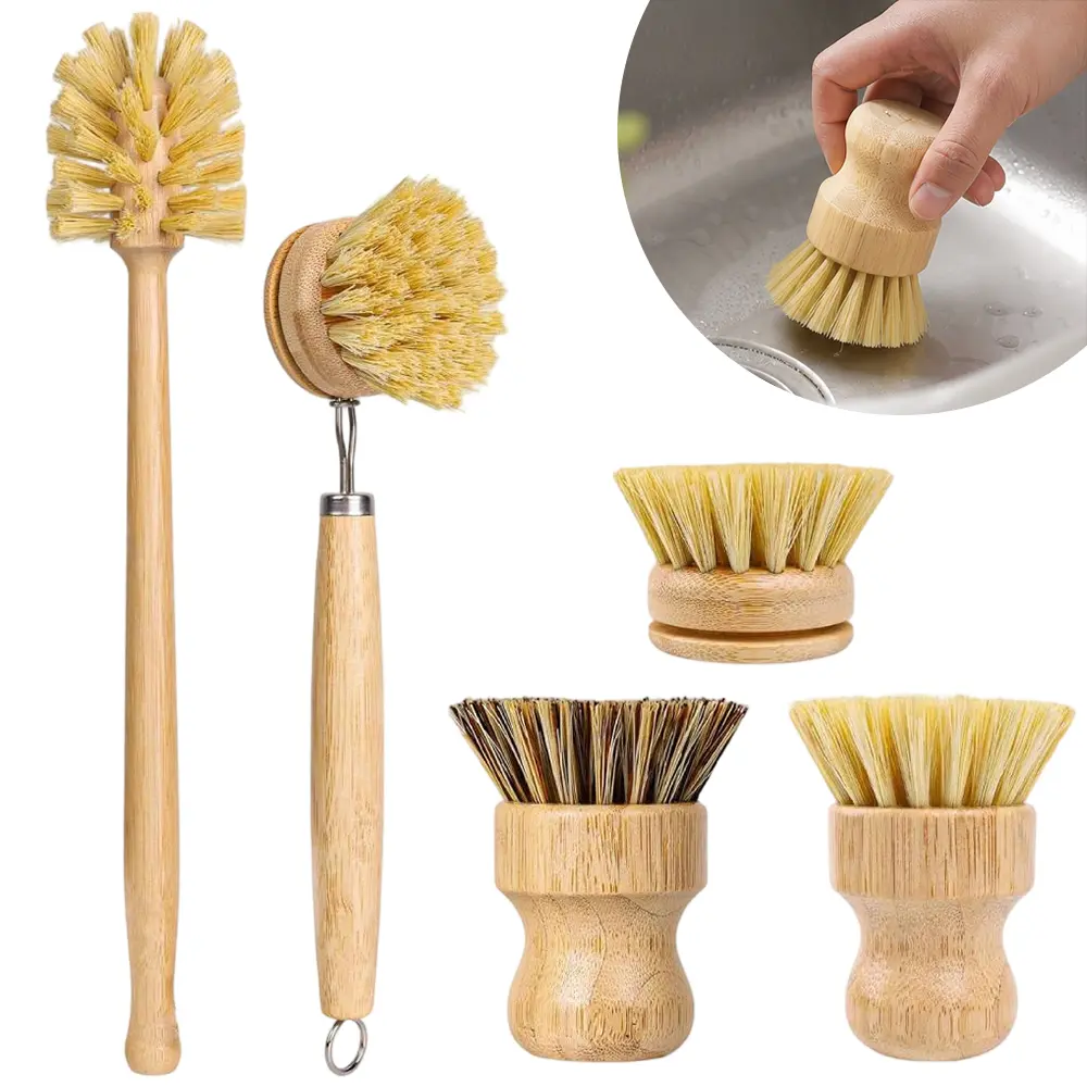 5 Pack Bamboo Dish Brush with Handle - Soft Bristle, Non Toxic Vegetable Brush Scrubber for Food Compostable & Sustainable Kitchen Scrub Brush for Dishes, Pots and Pans
