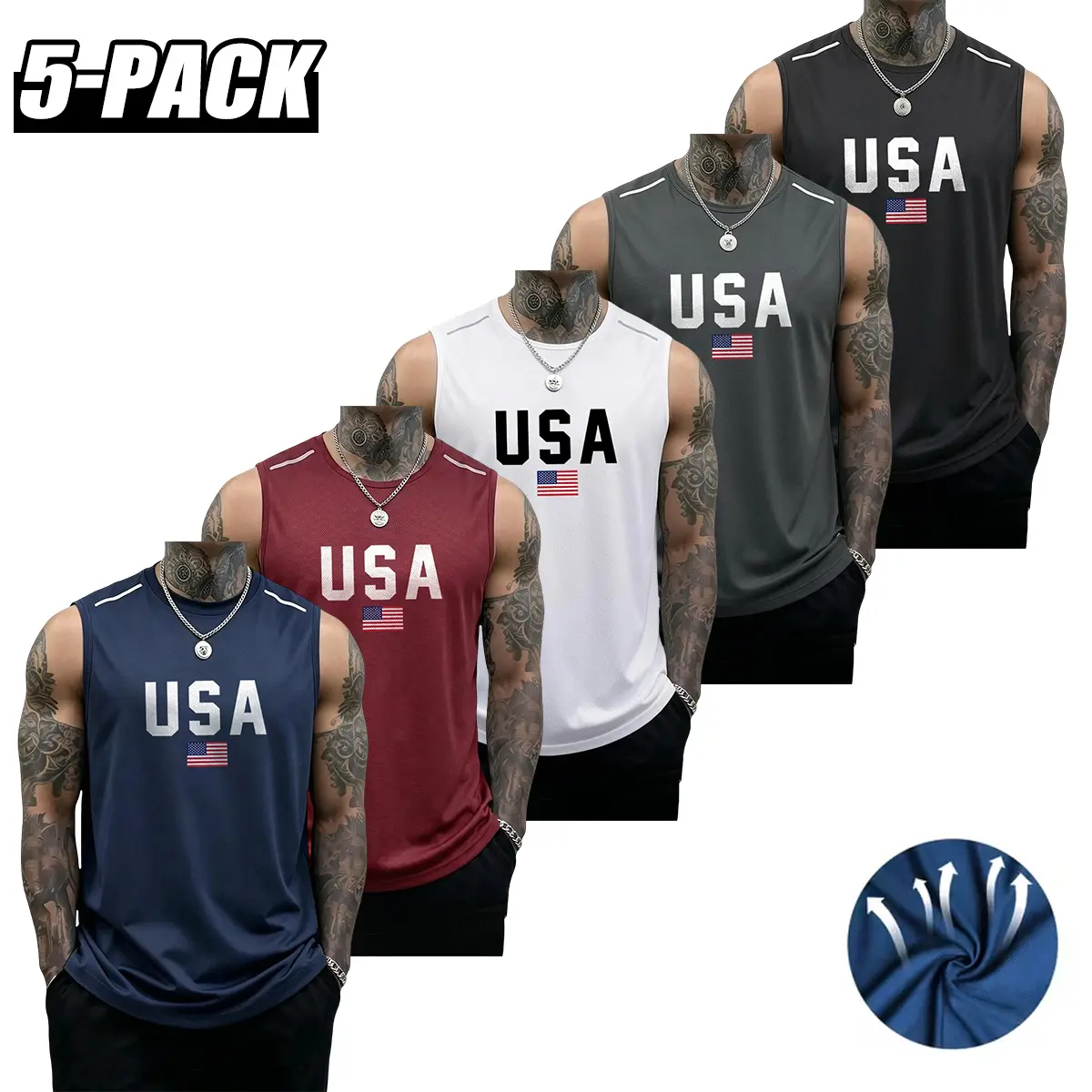 Men’s casual sleeveless athletic tank top made of polyester fiber, designed not to restrict shoulder movement with reflective stripes on the shoulders; a fitness training tank/sports top suitable for workouts and running.