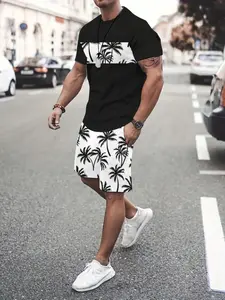 Men's Summer Casual 3D Tropical Coconut Tree Set, Lightweight Polyester, Round Neck, Short Sleeve Shorts, Dynamic Color Design