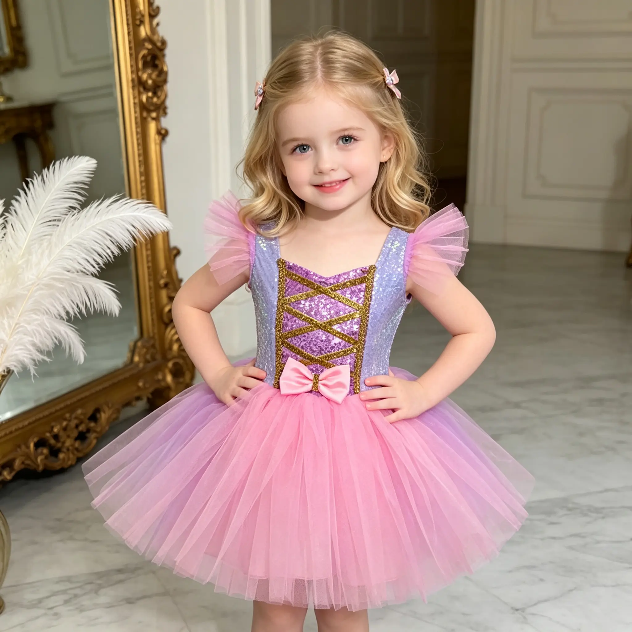Toddler Girls Rapunzel Tutu Dress, Purple Pink Sequin Flutter Sleeve Princess Costume, Gradient Tulle Bow Dress for Birthday Halloween Cosplay Party