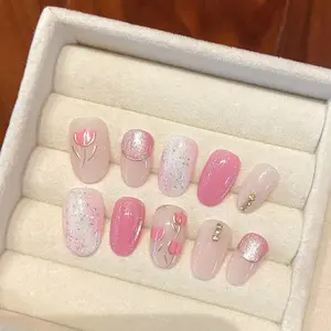 T16 Sweet hand-painted tulips pure hand wear nails Gentle Nail art small fresh wear nail paste everything