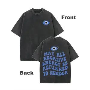 Men's Vintage Cotton Washed T-shirt Double Sided Printed with "May All Negative Energy Be Returned" - Loose Fit Short Sleeve Round Neck Casual Shirt, Machine Washable Suitable for Casual Attire