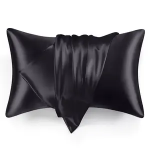 2 Pack Black Satin Pillowcases Queen Size 20x30 Inch, Cooling Smooth Pillow Covers Envelope Closure for Hair Skin Care