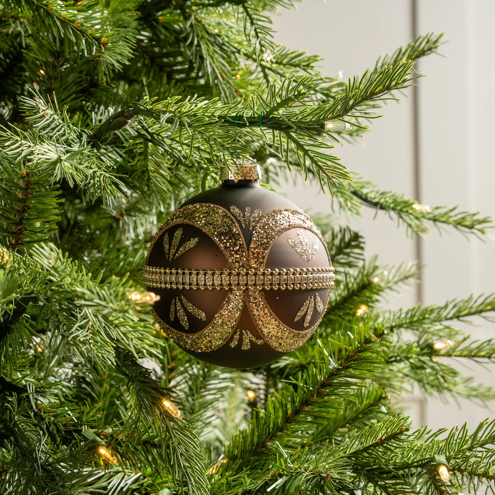 5" Brown Jeweled Ball Ornament Set Of 9