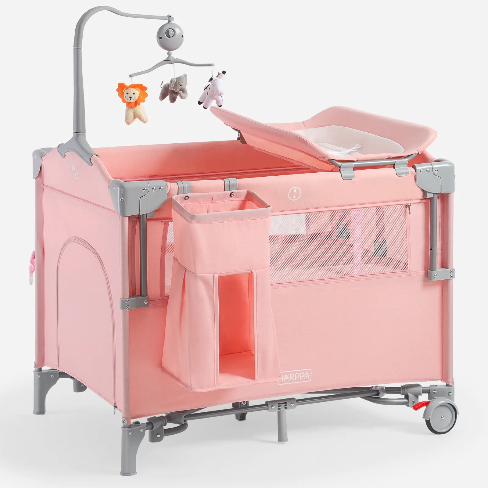 HARPPA 5-in-1 Convertible Baby Bassinet Bedside Sleeper & Playard - Newborn Furniture with Mattress, Rocking Function, Diaper Changing Crib, Foldable Travel Design, Ample Play Area, Safety and Durability,summerwins