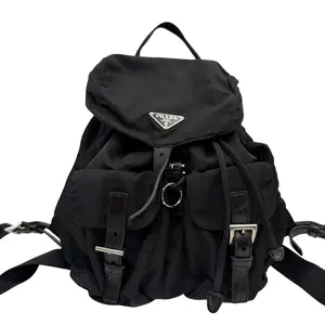 Pre-owned PRADA Black Nylon Drawstring Backpack Silver Triangle Logo Designer Bag